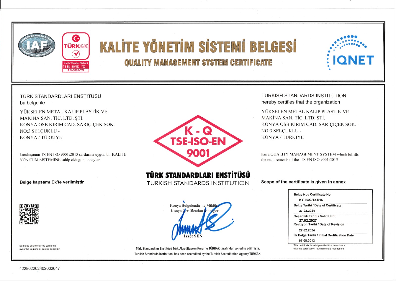 KALİTE YÖNETİM SİSTEM BELGESİ