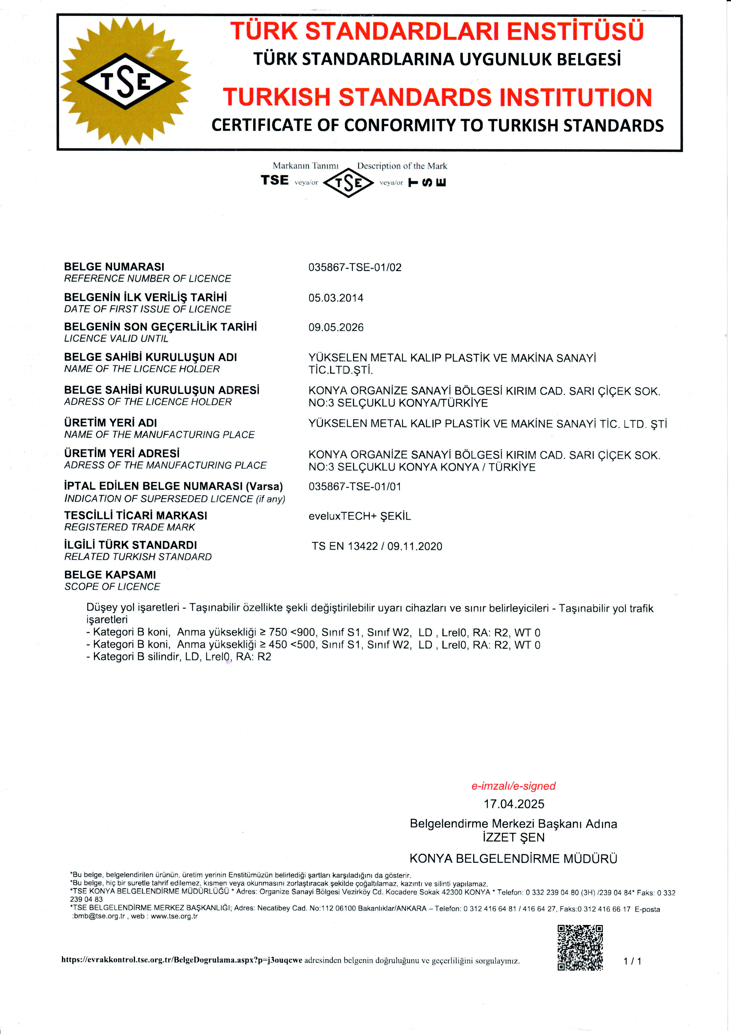 TSE 13422 Product Quality Certificate