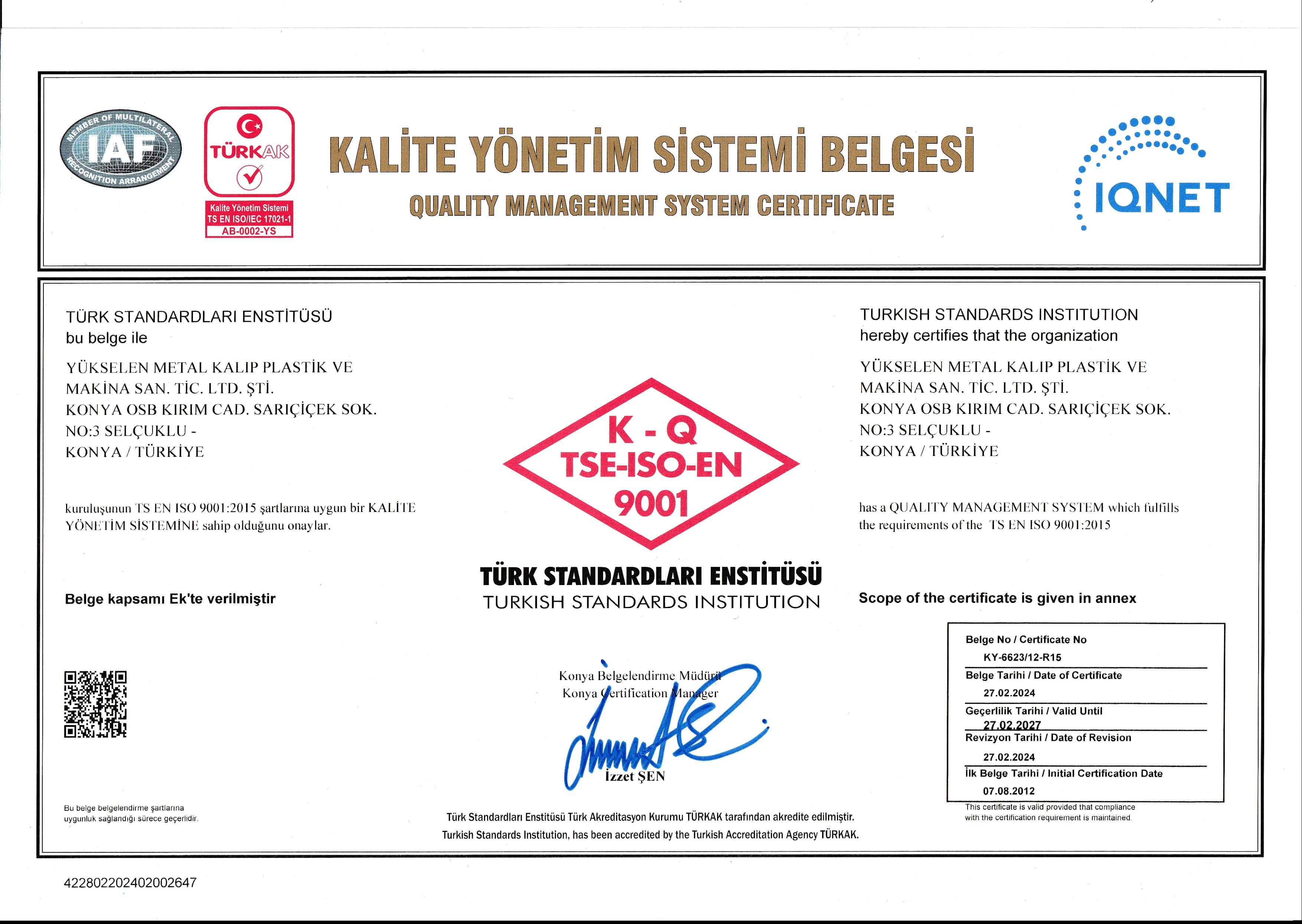 KALİTE YÖNETİM SİSTEM BELGESİ