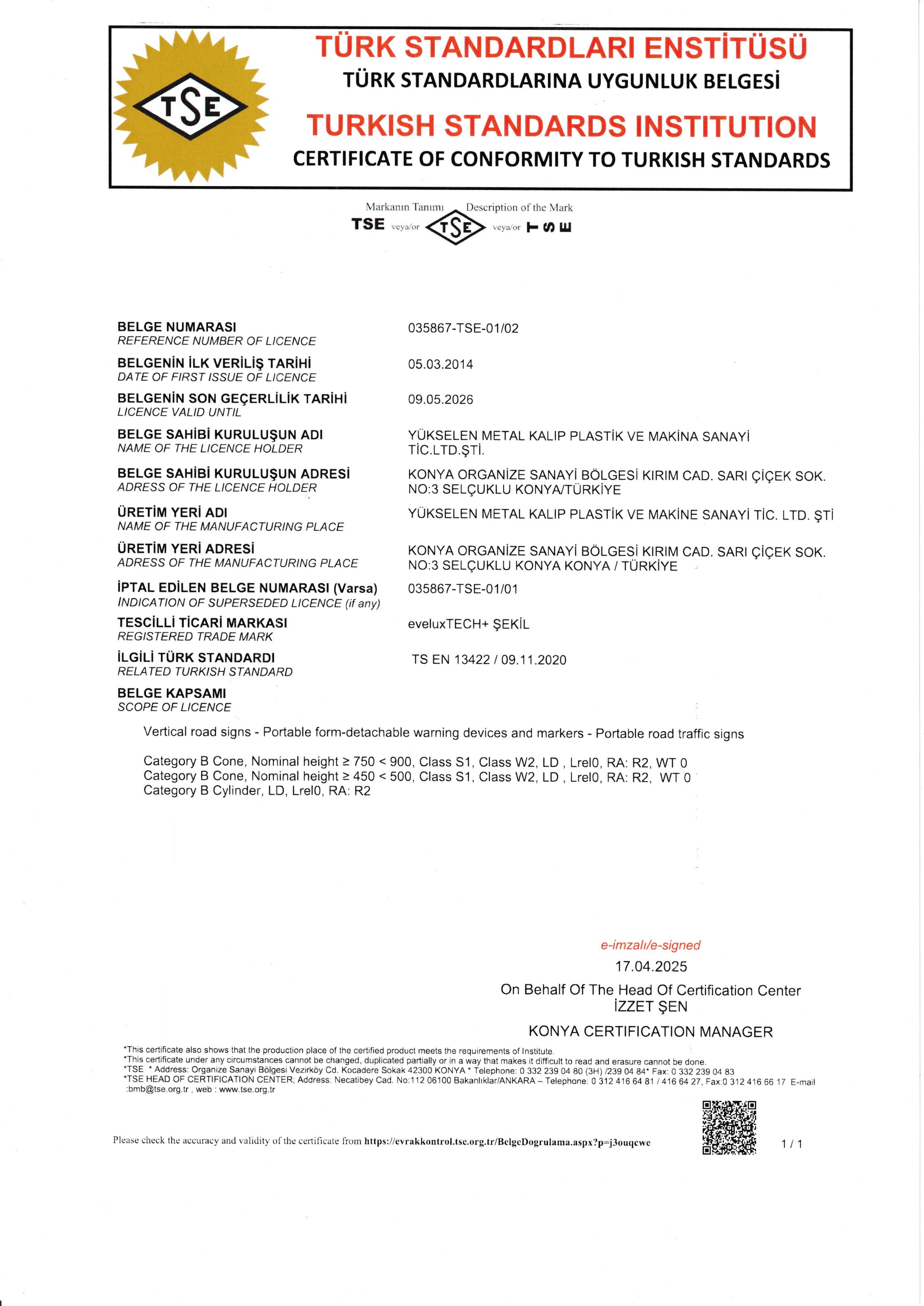 TSE 13422 TERMÉK MINŐSÉG